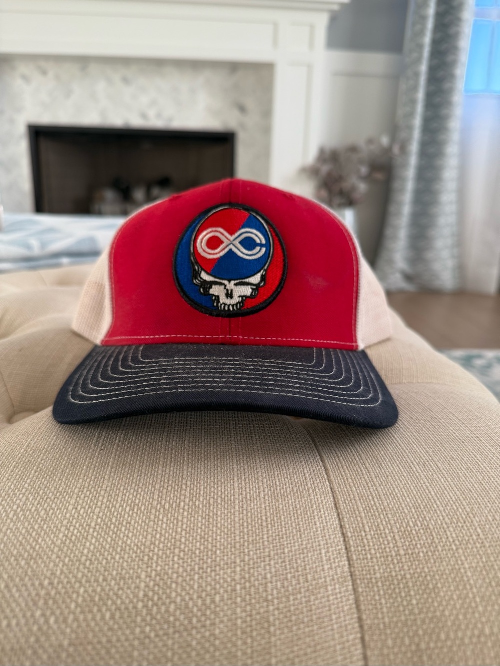 Red and Navy Trucker Hat with Graphic Patch